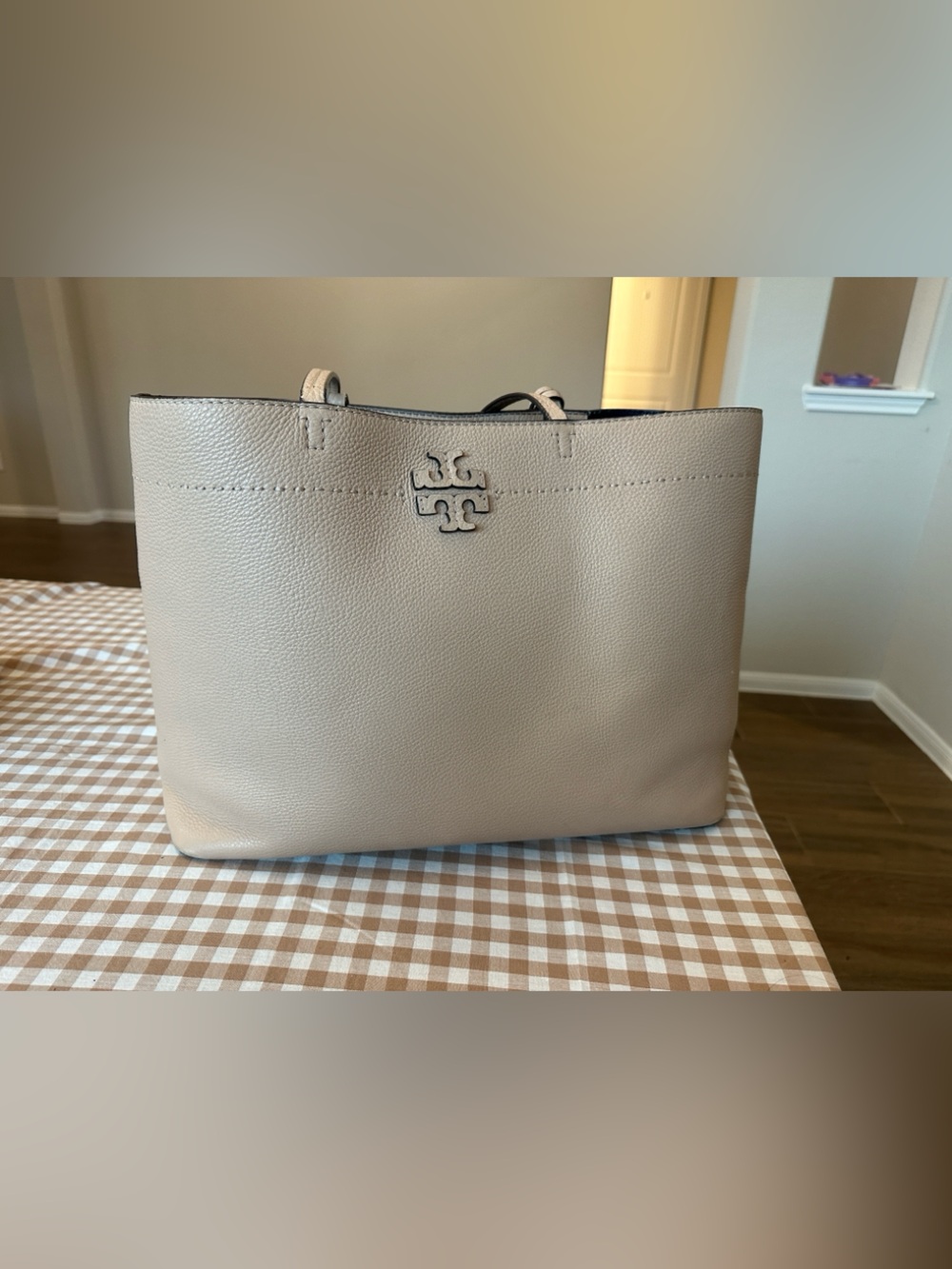 Tory Burch Pebbled Leather Tote in Light Gray